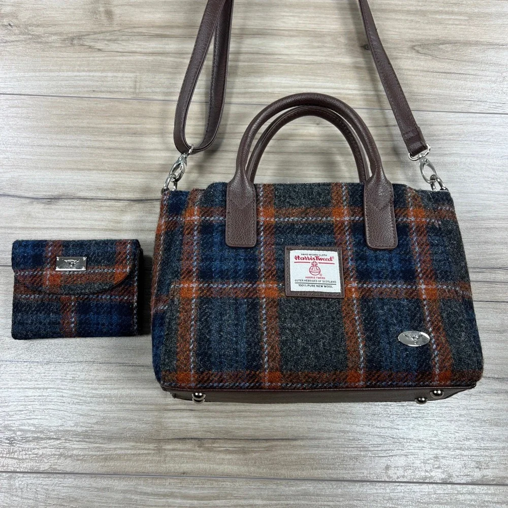 Glenn Appin Harris Tweed Wool Plaid Satchel Handbag and Wallet Set Blue Orange